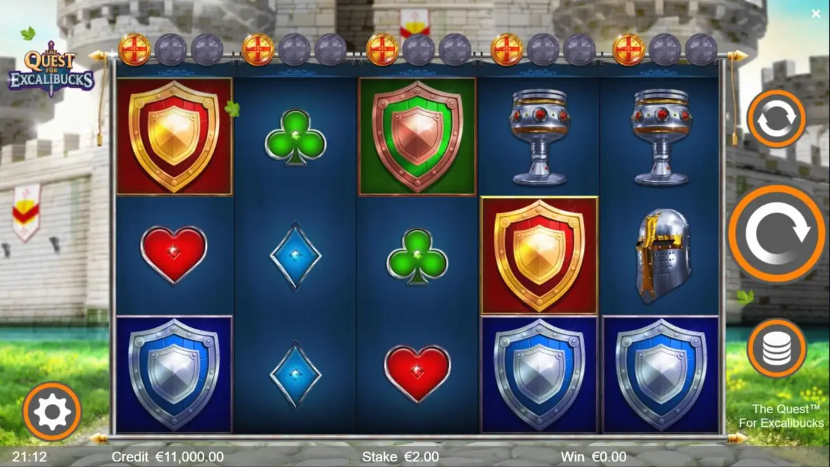 Tampilan visual slot The Quest for Excalibucks dengan tema abad pertengahan dan simbol ksatria.