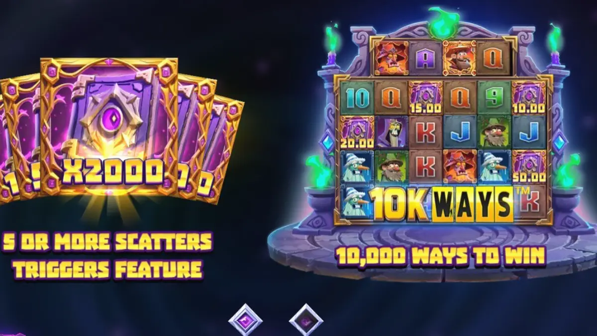 Wizbang Brawl 10K Ways slot game interface showing magical wizard duel theme