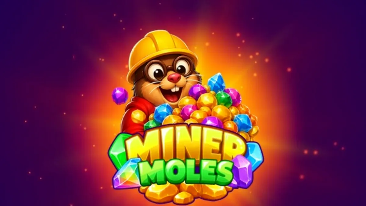 Tampilan visual slot Miner Moles dengan tema tambang kartun yang penuh warna