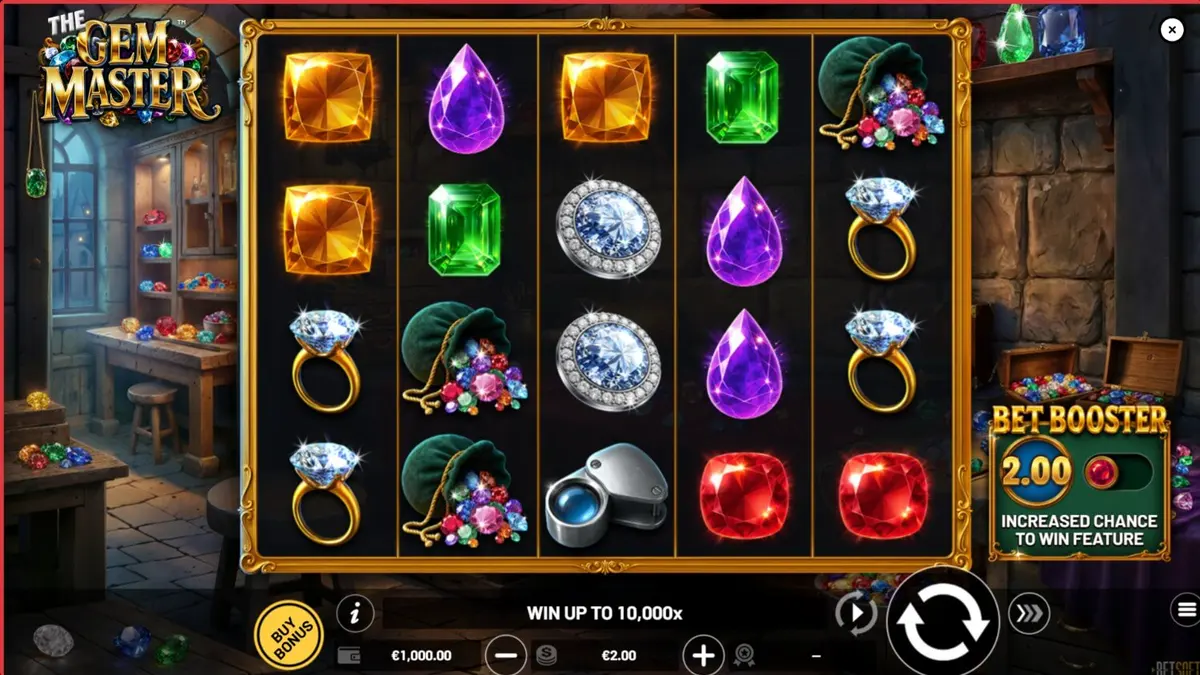 Tampilan visual slot The Gem Master dengan simbol permata berkilau dan latar belakang bengkel perhiasan mewah.